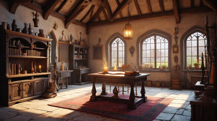 Fototapeta premium Magic wizard school room set in a medieval house, depicted in a cartoon background. Generative AI.