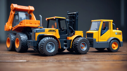Fototapeta premium A toy truck with a forklift and another with a loader, perfect for industrial and construction themes. Generative AI.