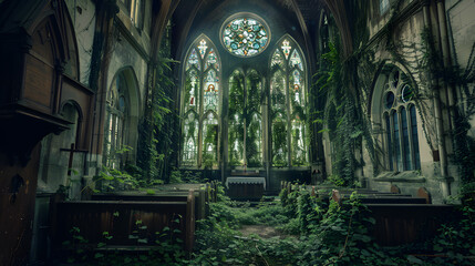 Obraz premium A church with stained glass windows and a green plant growing out of the window