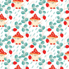 Funny seamless pattern with cartoon fly agaric and strawberry bush.Floral background with cute character under plant and raindrops.Print on fabric and paper.Vector design for nursery decor,cover.