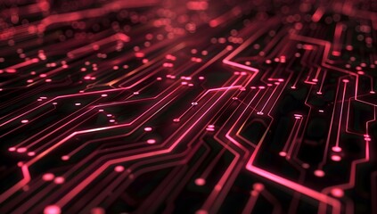 Obraz premium Abstract digital background with glowing red lines and circuit patterns on black, representing the flow of data in technology network system 