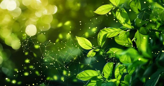 Abstract visualization of carbon molecules transforming into green leaves, symbolizing CO2 conversion into oxygen via photosynthesis, highlighting nature's efficiency. Carbon reduction