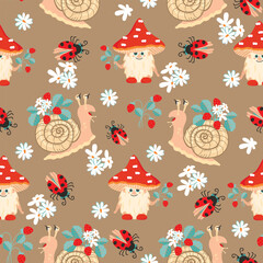 Cartoon seamless pattern with snail,mushroom and ladybug.Floral background with strawberries fruit leaves,flowers and cute characters.Print on fabric and paper.Vector design for nursery decor.