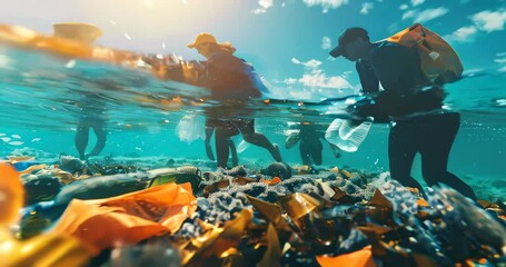 Volunteers in an ocean cleanup initiative collect plastic waste, highlighting efforts to reduce marine pollution. Perfect for environmental and conservation projects. Sustainable carbon reduction