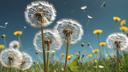 A bunch of dandelions blowing in the wind, suitable for nature concepts. Generative AI.