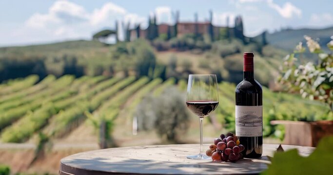 Enjoying Tuscany with a bottle and glass of red wine on a vineyard table