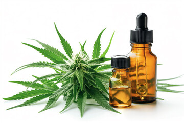 “Cannabis Extract in Dropper Bottle with Fresh Leaves”