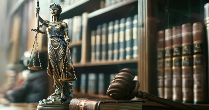Judge's gavel, scales of justice, and law books on wooden desk in courtroom