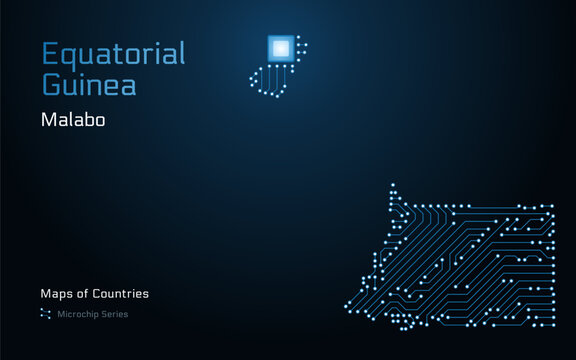 Equatorial Guinea Map with a capital of Malabo City Shown in a Microchip Pattern with processor. E-government. World Countries vector maps. Microchip Series