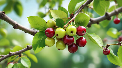 A closeup of green sweet cherry tree branches with ripe juicy berries in a garden, symbolizing harvest time. Generative AI.