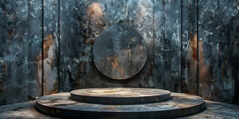 Fototapeta premium Elegant Circular Podium in Dark Moody Setting with Textured Stone Walls and Metallic Accents. Concept Events, Interior Design, Decor Inspiration, Podium Design, Textured Walls