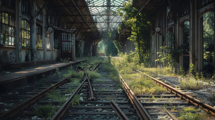 Fototapeta premium The train station is abandoned and overgrown with weeds