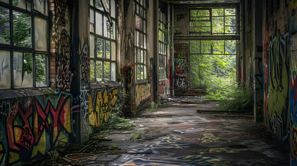 A graffiti covered room with a window in the middle