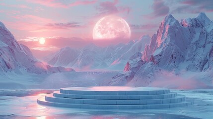 Serene icy landscape with a full moon shining over snowy mountains and a circular platform, bathed in soft pink and blue hues.