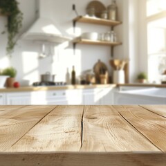 Cozy modern kitchen interior with a wooden countertop and sunlight streaming through the window, creating a warm and inviting atmosphere.