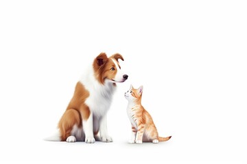 Adorable dog and cat duo gazing at each other on a plain white background, capturing a moment of friendship and curiosity.
