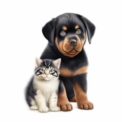 Obraz premium watercolor of A Cute puppy and kitten sitting together on a white background. Adorable black dog and white cat in friendship concept.