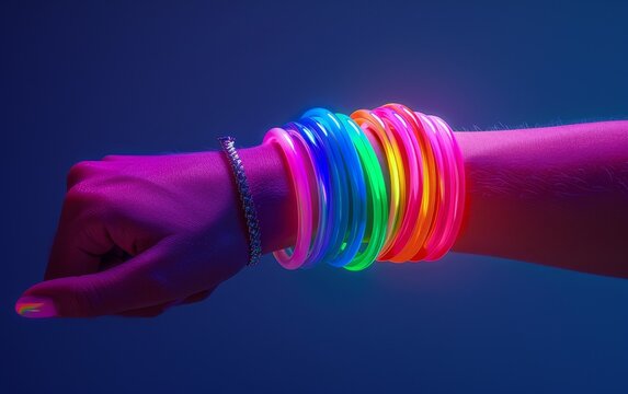 Elegant pride accessories, wrist with rainbow bracelets, neon glow, 3D rendering, high fashion, love and acceptance celebration