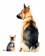 Watercolor illustration of an adult and puppy German Shepherd sitting together. Perfect for pet lovers and dog-themed designs.