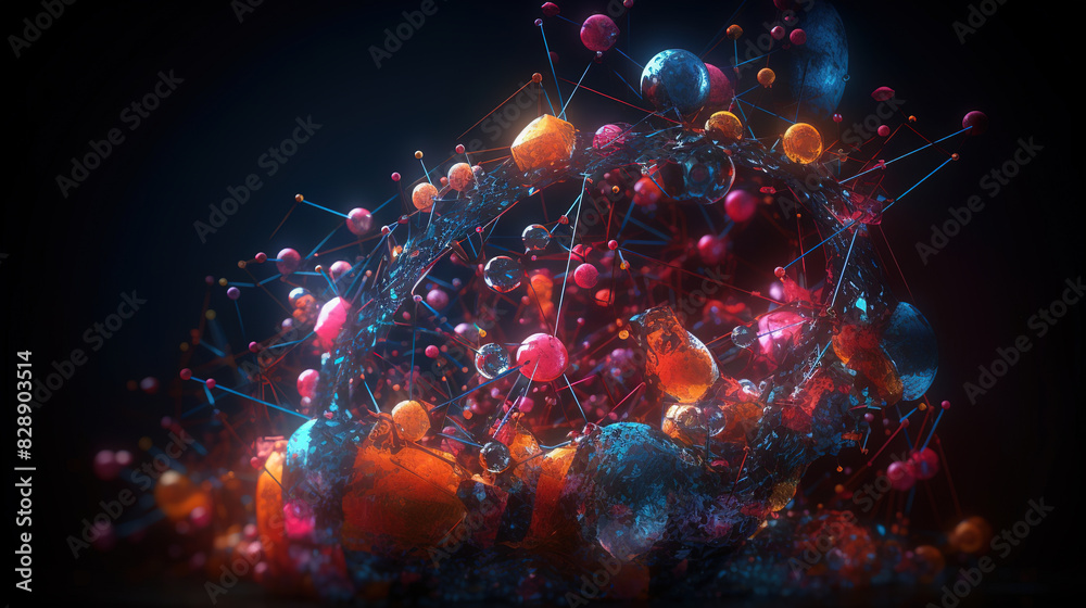 Poster abstract scientific concept with connected cells and particles. science microscopic background.