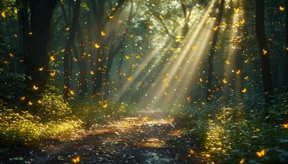 Enchanted Forest Path with Fireflies and Butterflies - Hyper Realistic Wooded Scene Captured with Nikon D7100