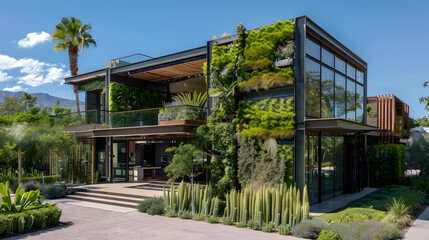 Fototapeta premium A tall building with a green roof and a lot of plants