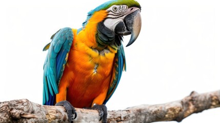 A vividly colored macaw parrot perched on a tree branch against a white backdrop, showcasing its vibrant plumage