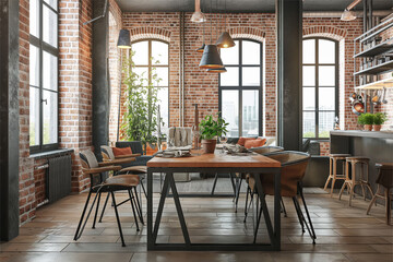 Interior Design for Dining Spaces with Exposed Brick Walls and Reclaimed Wood Dining Table