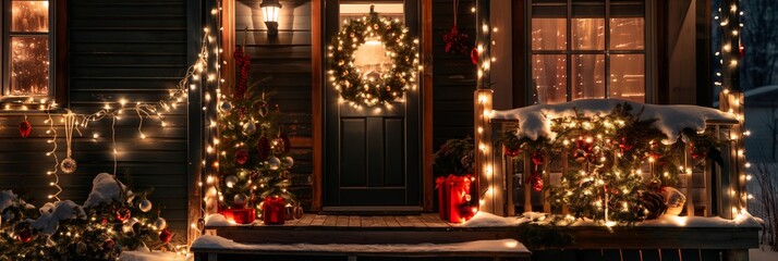 Fototapeta premium An inviting home warmly lit with festive holiday decorations and snow, suggesting a cozy winter celebration