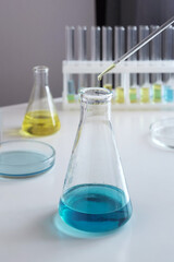 Close-up of glass flasks for chemical experiments against the background of other laboratory glassware.