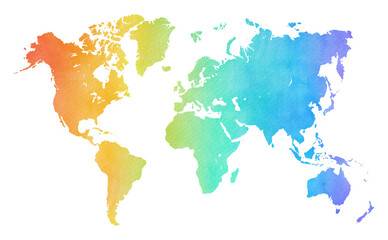 Colorful watercolor world map on transparent background