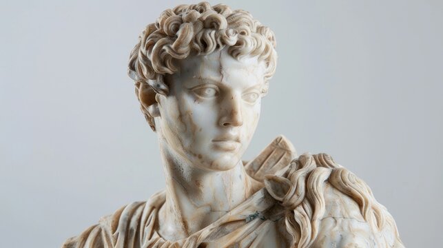 Antique marble sculpture depicting a man with a horse against a blue sky landscape