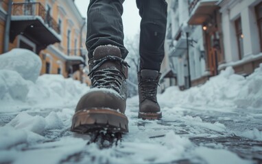 A person walking on a sidewalk covered in snow during winter