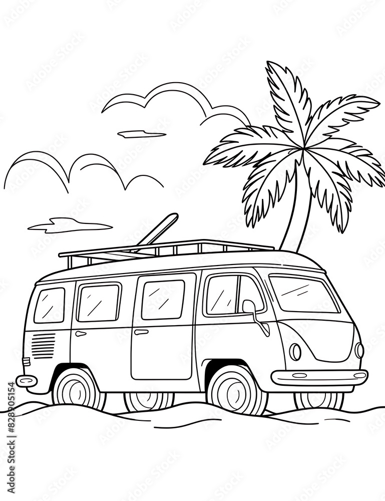 Wall mural summer travel picnic van coloring page