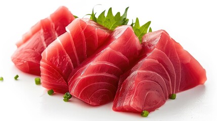 Tuna sashimi against a white backdrop