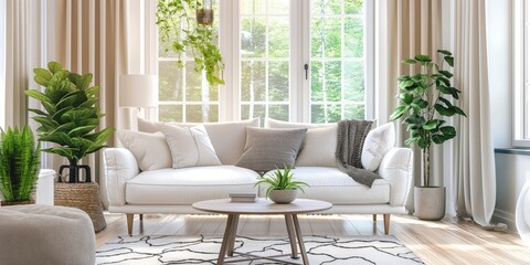 An interior design of a bright living room with a cozy white sofa, large windows, and green plants enhancing the space's freshness