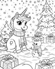 Fototapeta premium Cute and cheerful unicorn with Christmas gifts. Coloring book page.