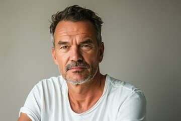 Obraz premium middle-aged man with a thoughtful expression, wearing a white t-shirt, light grey background