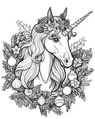 Cute and cheerful unicorn with Christmas gifts. Coloring book page.