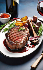 Grilled ribeye beef steak with red wine, herbs and spices, food advertisement photo,