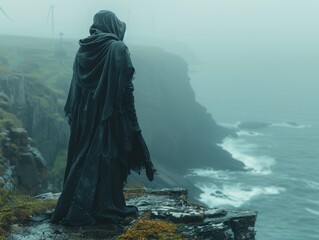 Mysterious Gothic figure standing on a cliff overlooking the ocean, with wind turbines in the background