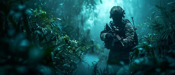 Night vision view of a smuggler hiding illegal goods in a dark, forested border area