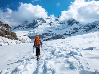 Skier traveling through the snow on a mountain pass