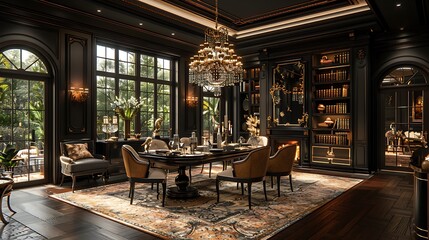 Fototapeta premium dark opulent dining room with elegant tableware and luxurious decor offering a refined and timeless dining atmosphere
