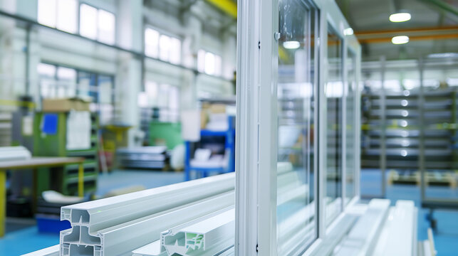 An assembled window frame with double-glazed windows standing on a table next to plastic profiles in a bright assembly workshop. Copy space