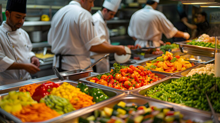 Obraz premium A chef is preparing food in a kitchen with a variety of vegetables
