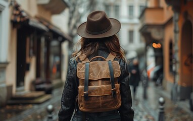 Obraz premium A person wearing a backpack is walking down a street