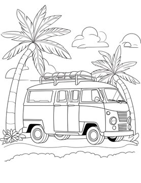 recommend clip art: summer travel picnic van coloring page