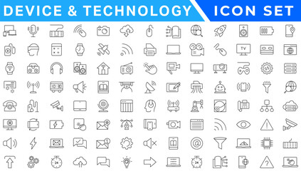 Device and technology web icons in line style. Computer monitor, smartphone, tablet and laptop. Vector illustration
