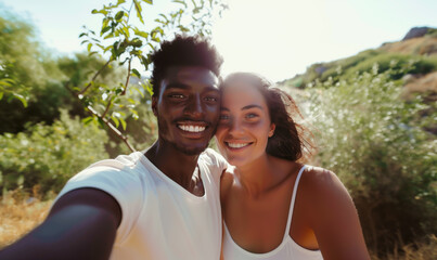 Fototapeta premium Selfie of a cute young couple in nature. African American man and Caucasian woman. Romantic selfie.